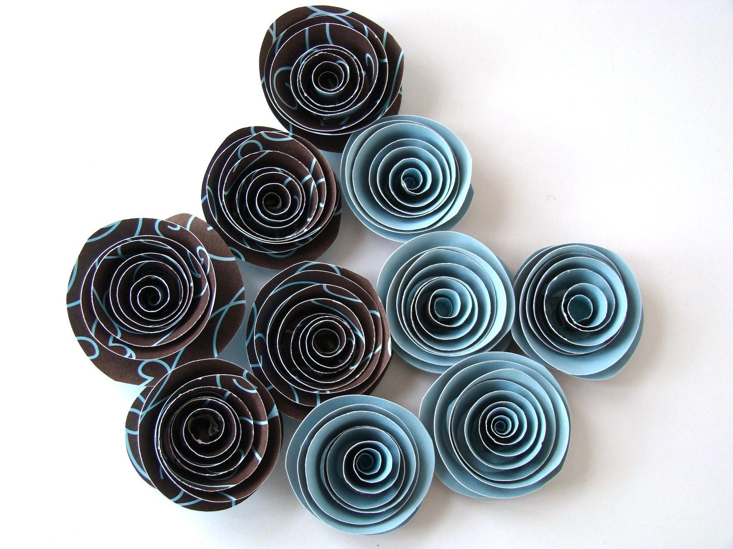 Spiral Paper Roses - Set of 10 in Brown and Blue - OrigamiDelights