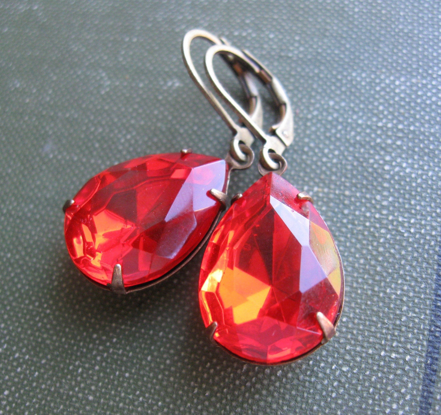 Orange Jewel Earrings . Red Earrings . Light Siam Jewel Earrings . Estate Style - Lucy