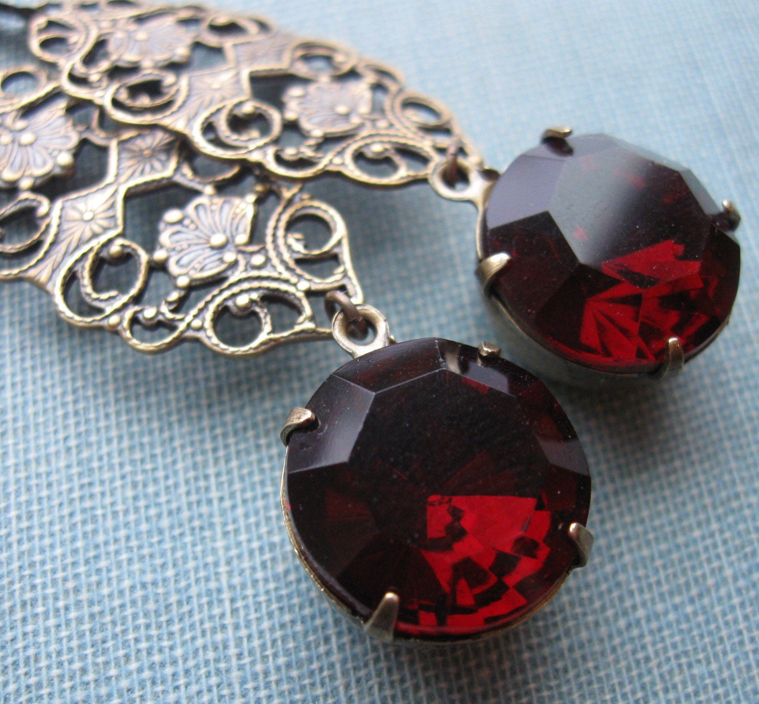 Dark Red Jewel Earrings . Garnet Jewel Earrings . Filigree Earrings - Clara