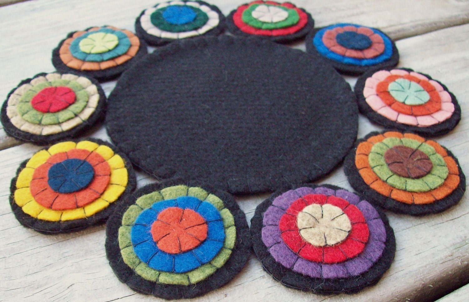 Mini Penny Rug Candle Mat  9-inch Round WooL FeLT Pennies  autumn colorful primitive HandMade Colonial Rustic Home Decor