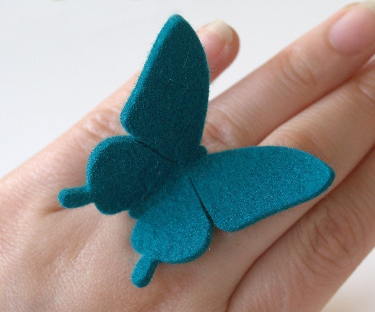 BUTTERFLY RING - 100% wool felt -  TEAL - large swallowtail - MIXKO
