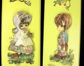 1970s Yellow Nursery Pictures Country Boy and Girl Pair of Vintage 3D Plaques