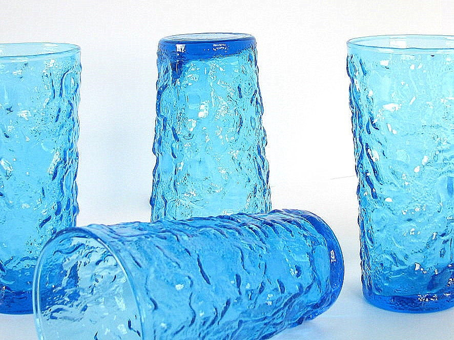 Retro Dishes Glassware Bumpy Blue Vintage Drinking Glasses Water Tumblers Set of 4