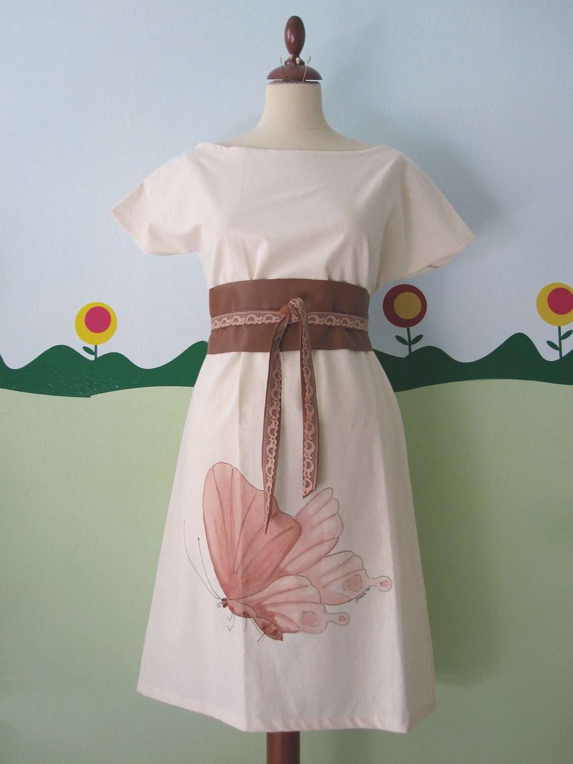 Tan / Caramel Brown Leather Obi Belt with Vintage Pink Lace