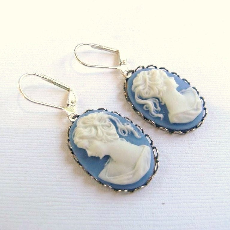 Handmade Cornflower Blue and White Lady Cameo Earrings