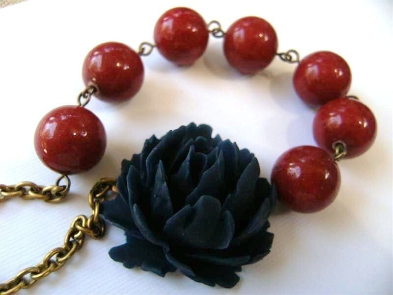 Necklace Nautical Navy Rose and Red Jade Stone by TheSilverDog