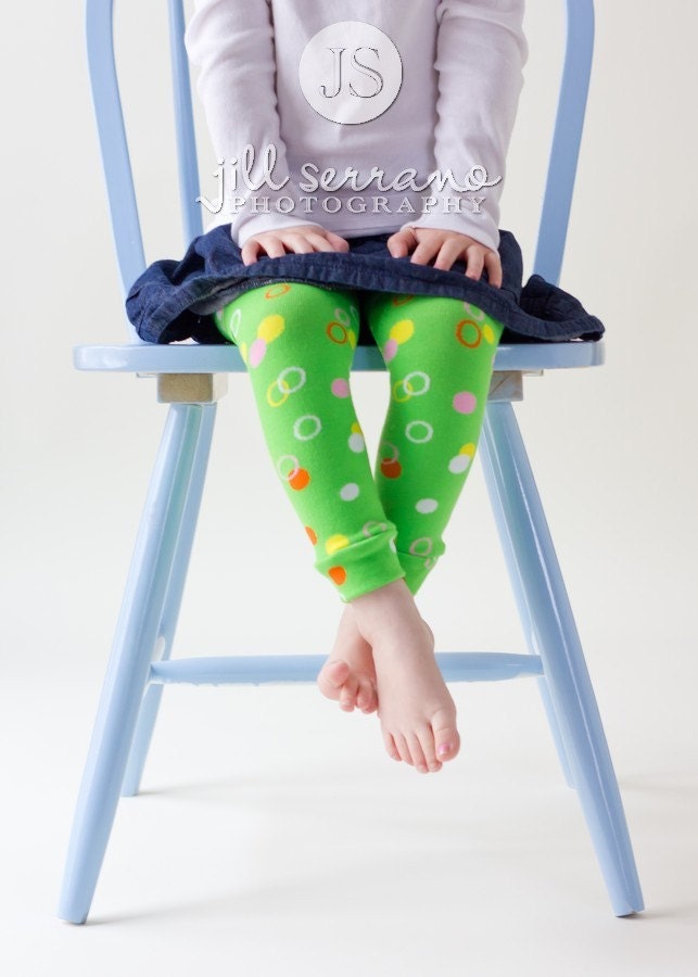 Crawler Covers Baby Toddler Leg Warmers---Lime Green with Pink, Orange and White Bubble Dots