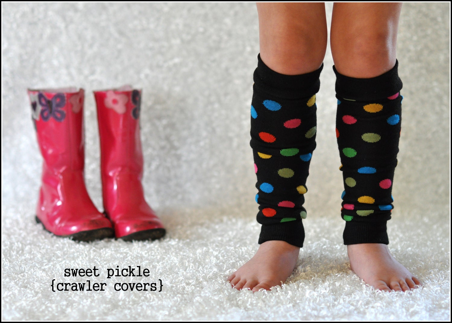 Crawler Covers Baby Leg Warmers---Black with Rainbow Polka Dots