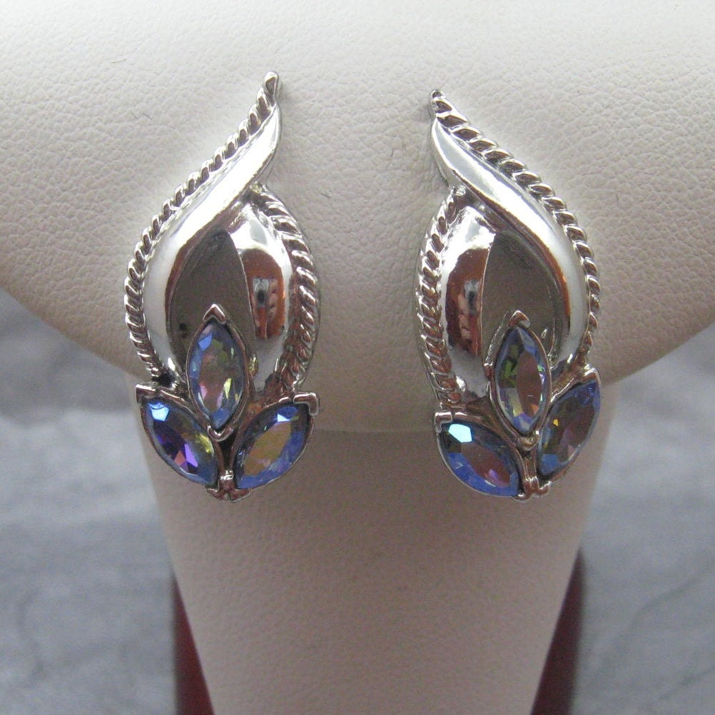 Vintage Earrings Blue AB Rhinestone Leaf Coro E438