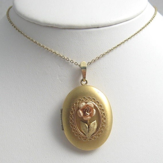Vintage Locket Necklace Rose Krementz Gold by PurpleDaisyJewelry