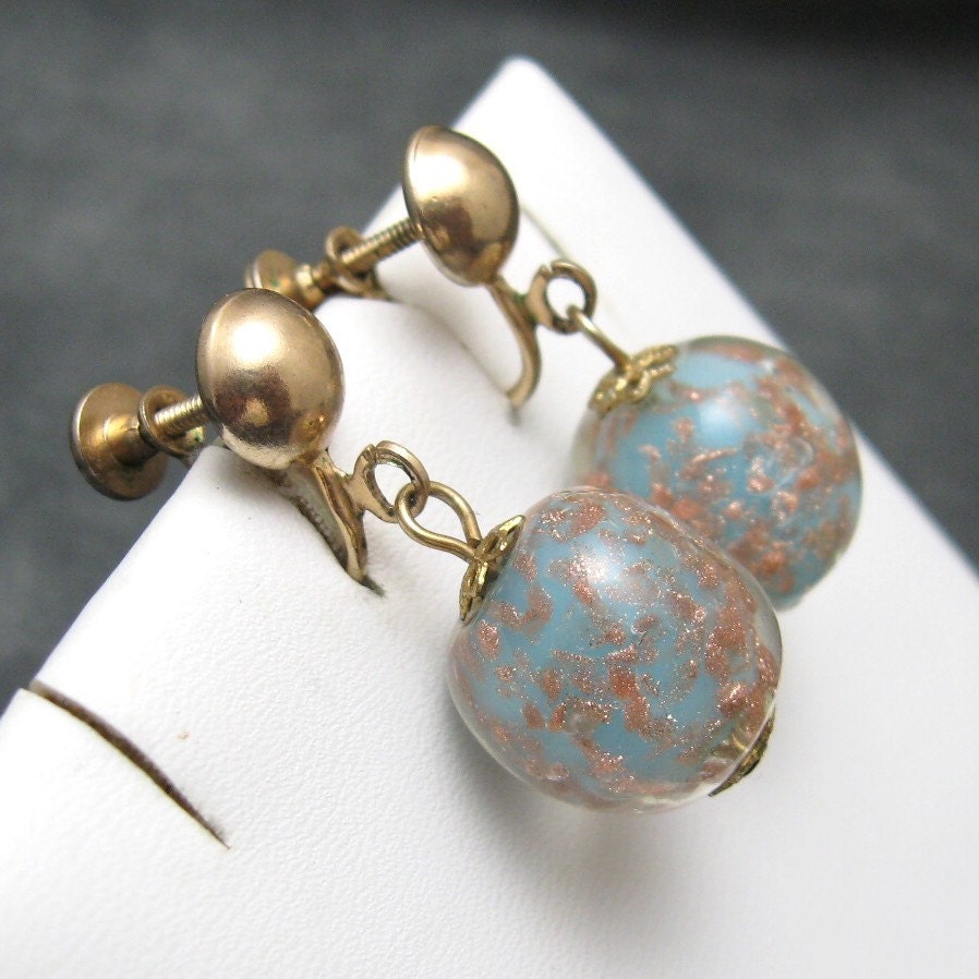 Vintage Earrings Art Glass CopperTurquoise E2375