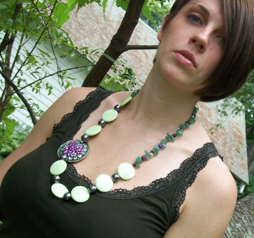 Honeydew Blossom necklace - aventurine, pearl, chrysoprase, vintage brooch, green, purple