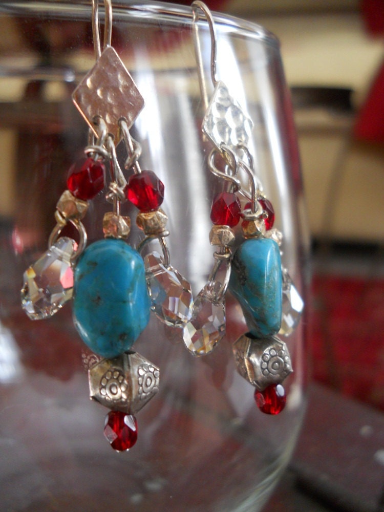 Western Glam earrings - turquoise, red glass, Hill Tribe silver