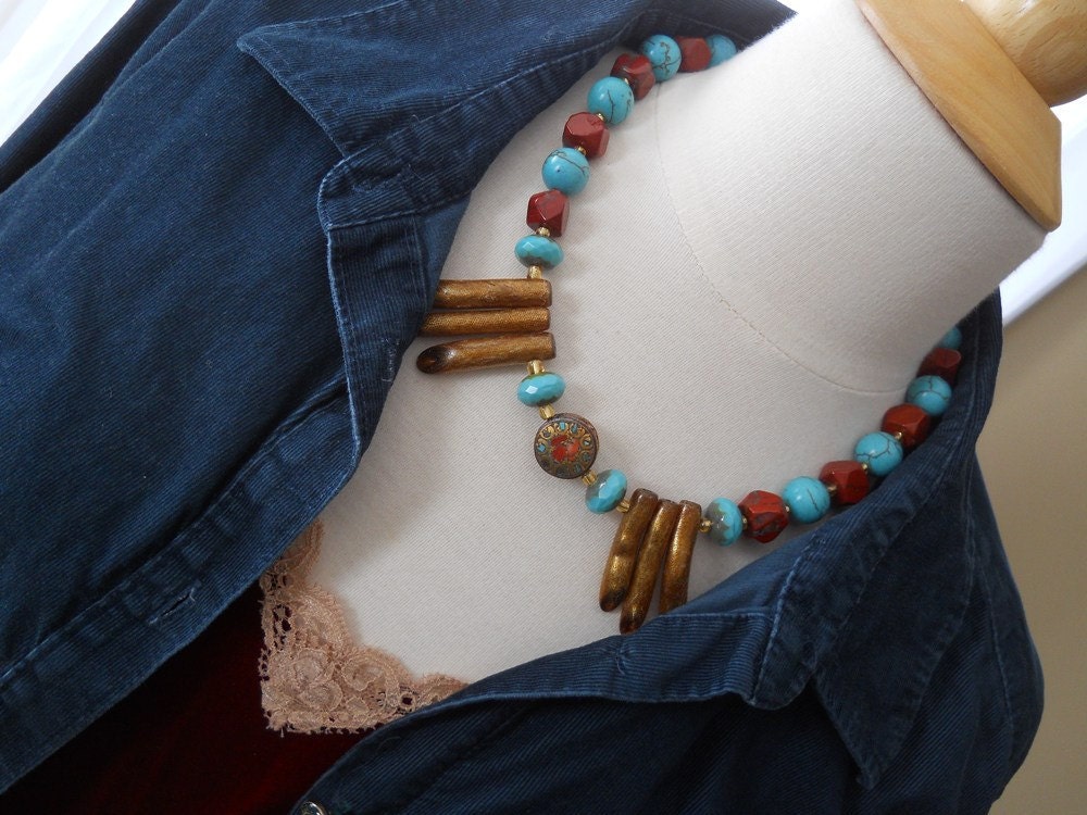 Mayan Ruins necklace - turquoise, red, gold, jasper, magnesite, brass, branch coral