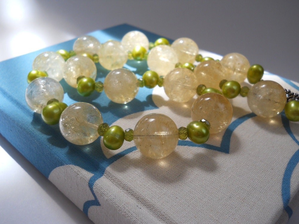 Daffodil Days necklace - yellow citrine, green pearls, vesuvianite/idocrase