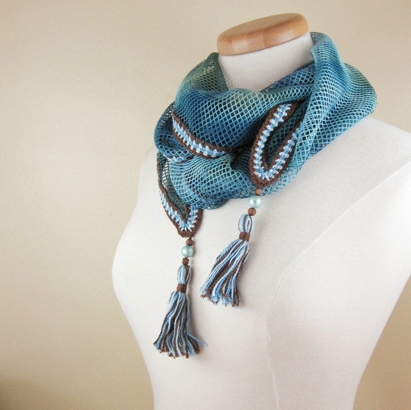 Watercolor Mesh Scarf - Blue and Chocolate Brown Crochet Trim