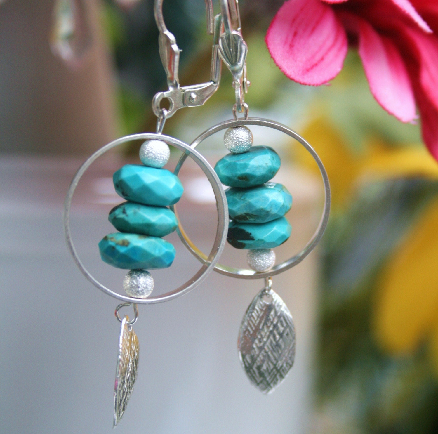 Turquoise Blue Discs in Sterling Silver Hoops  SOLD