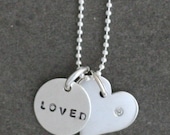 New "Loved" Necklace - Sterling Silver Heart with a 1pt Diamond and Hand Stamped Charm