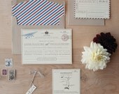 Vintage Travel Wedding Invitation - vintage postcard, telegram, travel invitation with bakers twine and flag tag
