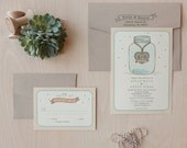 Mason Jar Wedding Invitations with Carved Initials, Vintage, Country Chic, Picnic, Barn, Monogram, Bakers Twine Invitation