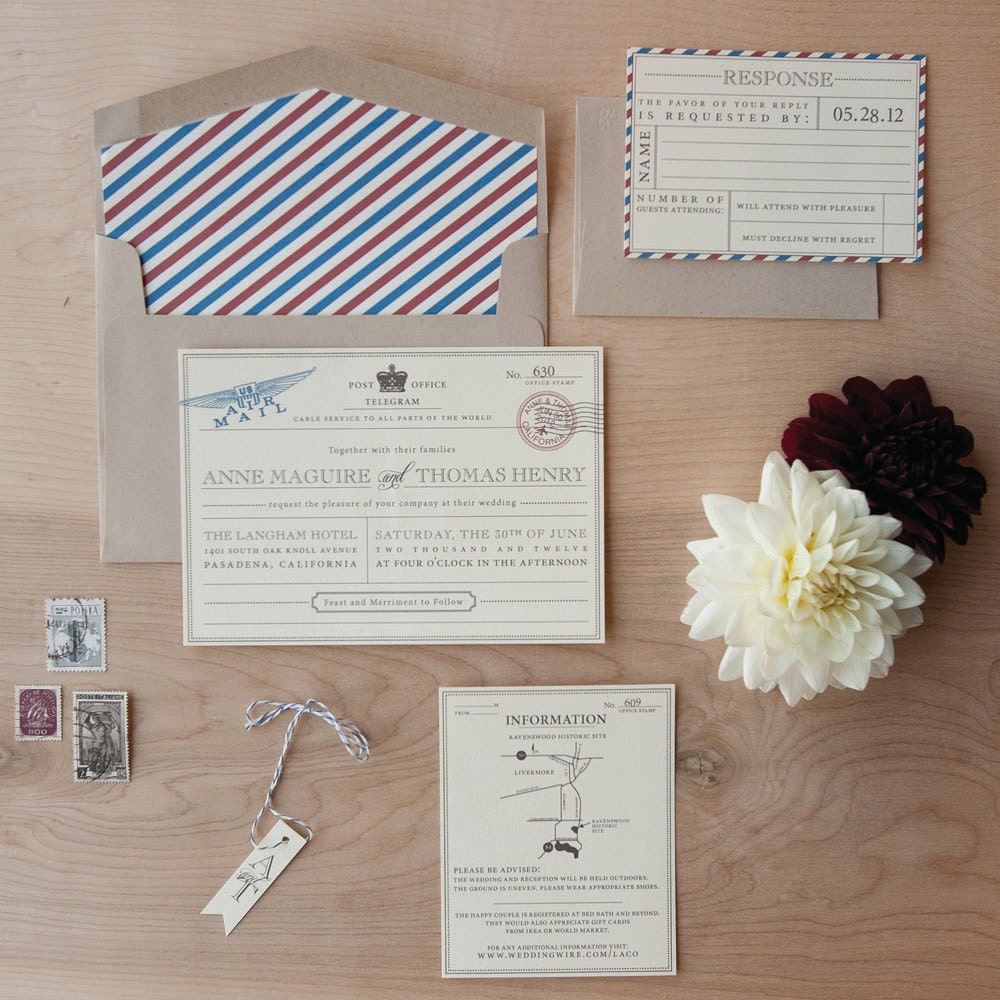 Vintage Travel Wedding Invitation - vintage postcard, telegram, travel invitation with bakers twine and flag tag