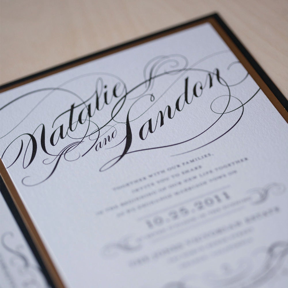 Vintage Hollywood Glam Wedding Invitation on metallic paper with script font and flourishes- wedding invitation Natalie
