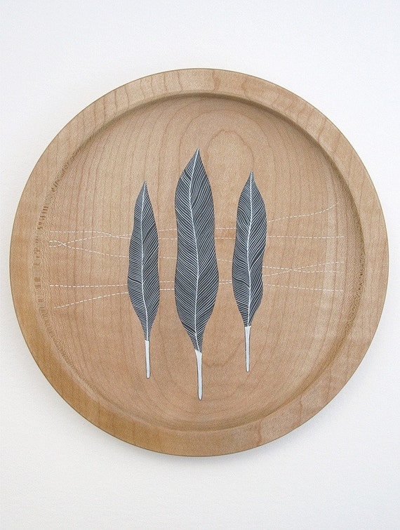 sycamore wood plate // handpainted design // three feathers by natasha newton