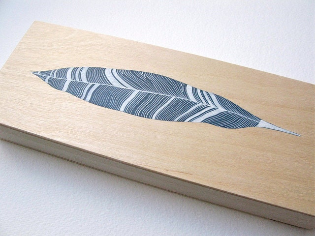 wooden box with a handpainted feather design . by natasha newton