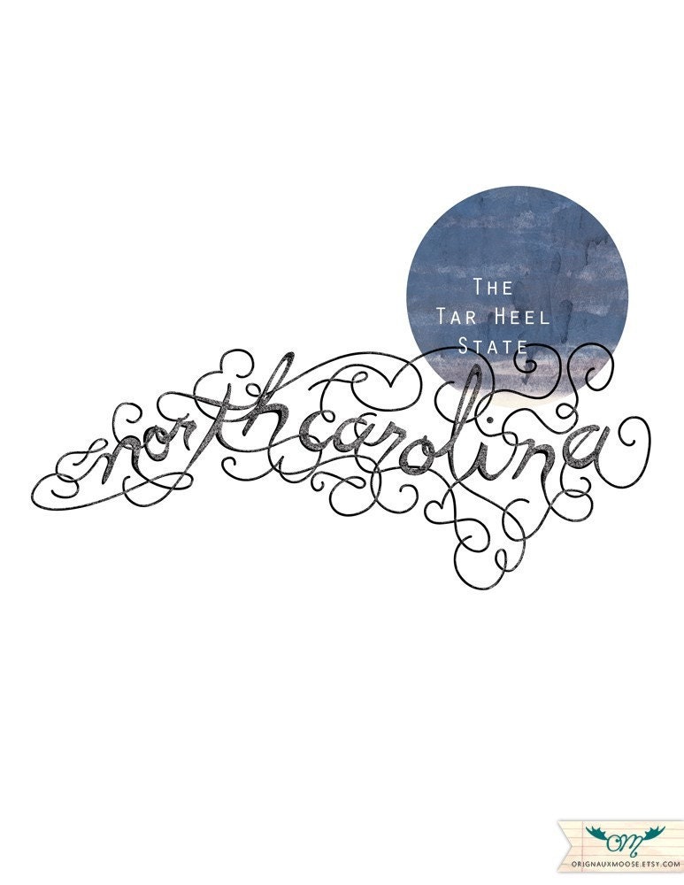 Calligraphic State. North Carolina. 8 1/2 x 11 Print