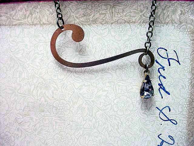 Evangeline Scroll Necklace - Ornate Gold Brass Flourish - Stormy Gray Vintage Swarovski Crystal Dangle - Feminine - Gift Box