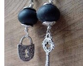 Black Agate Earrings Lock and Key Dangles Antiqued Silver