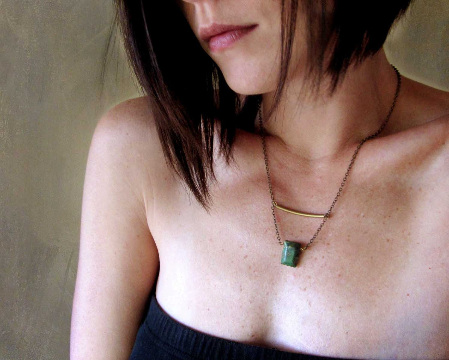 Green Agate Tribal Boho Modern Brass Pendant Geometric necklace Gift for Naturalist for Her Gift Box