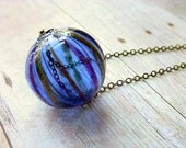 Cobalt Blue Glass Pendant Hollow Float Bead Orb Necklace Striped Gold Glitter Unique Gift Box