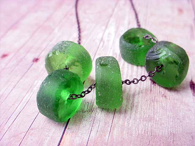 Recycled Glass Bottle Green Beads Beach Glass Necklace Gunmetal Chain Gift For Her Under 50