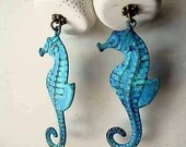 Seahorse Earrings Patina Turquoise Ocean Blue with White "Coral" Dangles Sea Nautical Gift Box