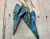 Tropical Earrings Ocean Blue Gold Brass Caladium Leaves Hand Patina Wire Wrapped Dangles Resort Cruise