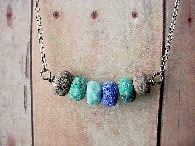 Ocean Sprites Lampwork Glass Necklace in Earthy Rustic Teal Blue, Aqua Green, Cobalt Blue, Turquoise and Sand Beads Gift Box - MySelvagedLife