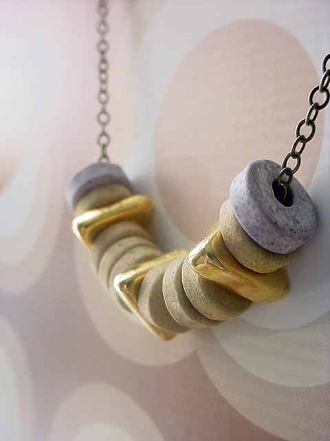 Industrial Ceramic Necklace in Rustic Ivory and Gray Grey Disc Beads Gold Geometric Triangles