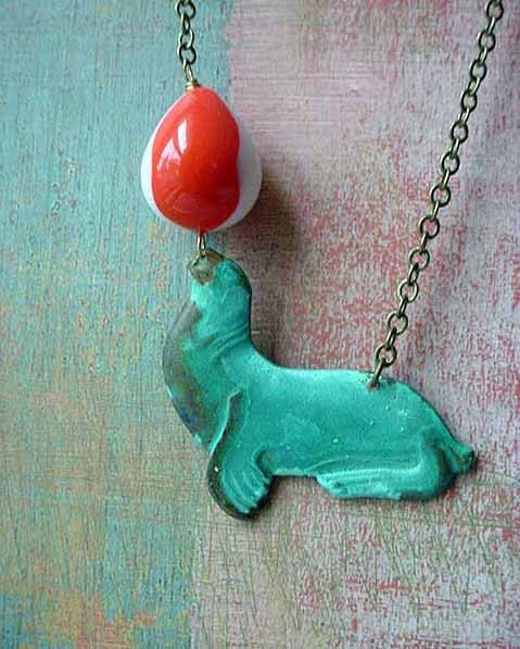 Sea Lion Pendant Circus Act Necklace  - Turquoise Patina Brass with Vintage Lucite Orange White Balancing Ball