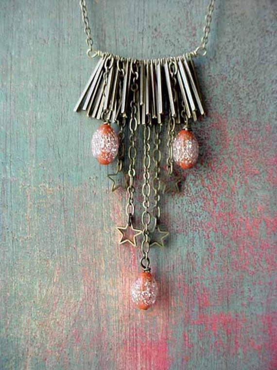Bohemian Fringe Necklace Celestial Gold Stars, Fringe and Spikes Vintage Bib Tribal Statement Piece
