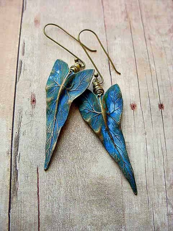 Tropical Earrings Ocean Blue Gold Brass Caladium Leaves Hand Patina Wire Wrapped Dangles Resort Cruise