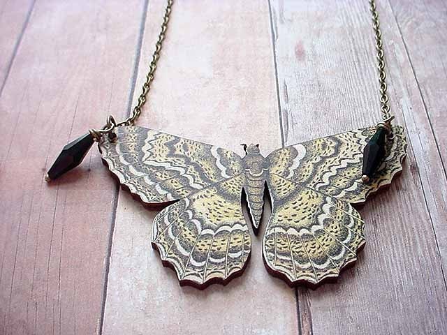Moth Necklace Butterfly Pendant Black Yellow Wood for the Butterfly Collector Gift for Her Under 25