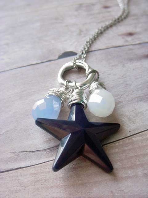 Silver Wire Wrapped Blue Star Pendant Necklace with Crystal Charms - Baby, I'm a Star