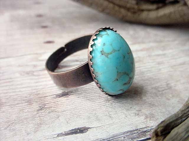 Robins Egg Blue Adjustable Ring Vintage Cabochon Antiqued Brass Spring Fashion Gift Box