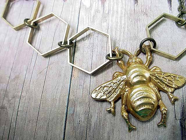 Honey Bee Hexagon Geometric Necklace Gold Bee Hive Gift Box Entomologist Naturalist