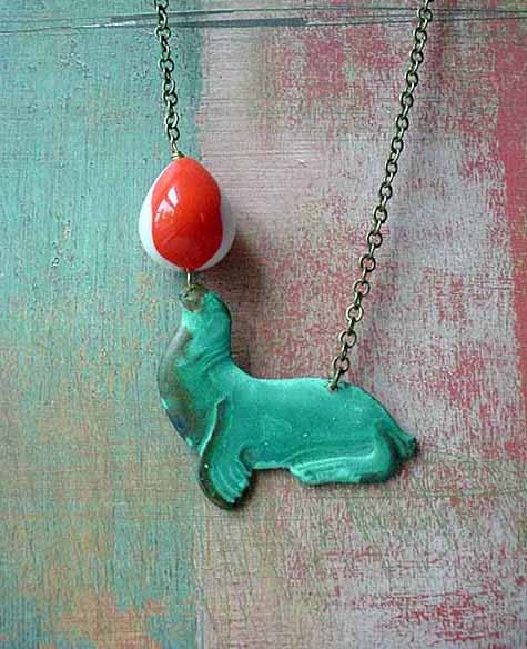 Sea Lion Pendant Circus Act Necklace  - Turquoise Patina Brass with Vintage Lucite Orange White Balancing Ball