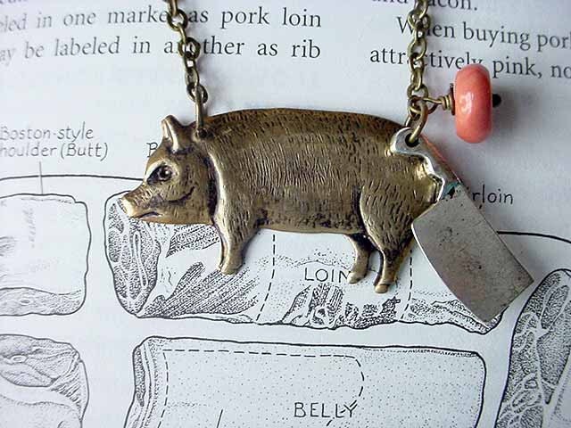 Butchered Pork Necklace Pig and Butcher Knife Pendant with Slice o' Ham Kitchen Gift for Foodie, Cook or BBQ Lover