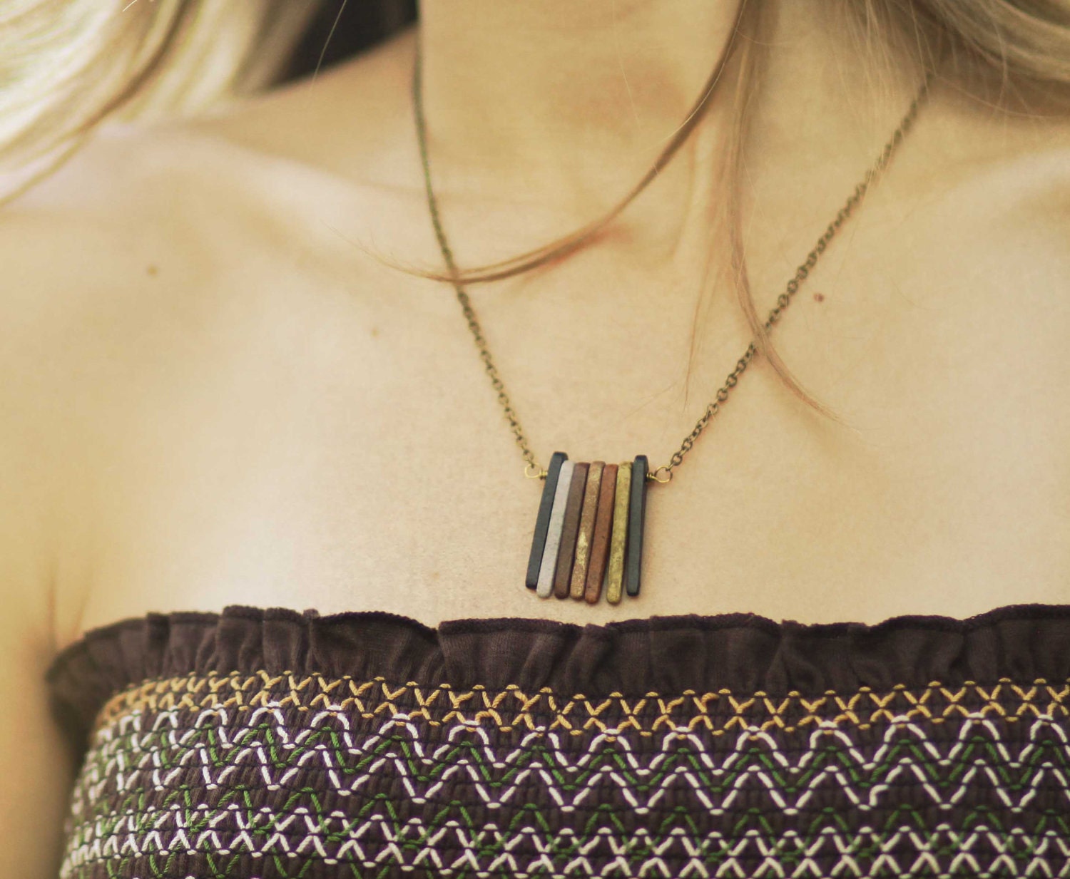 Tribal Necklace Autumn Colors Urban Unisex Fall Necklace Neutral Colors Ceramic Spikes Pendant Brown, Copper, Sand Beige Gift Box