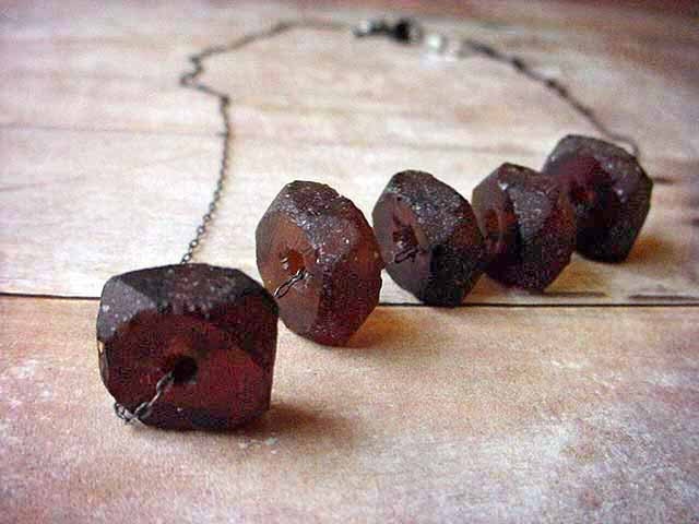 Recycled Glass Bottle Brown Beads Beach Glass Necklace Gunmetal Chain Gift Box