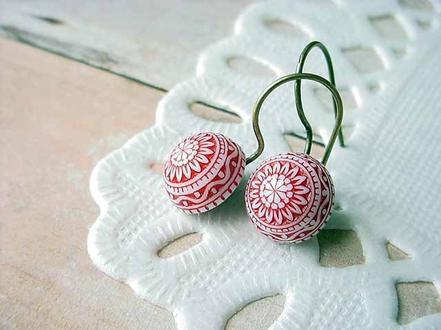 Red and White Earrings Tiny Mosaic Dome Geometric Gift for Her Under 10